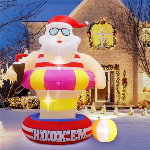 6FT Christmas Inflatables Outdoor Decorations, Hawaii Beach Santa w/ LED Lights - Picture 1 of 6